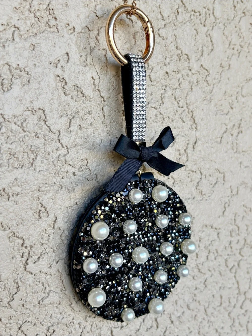 Sparkling Black Rhinestone & Pearl Dual Sided Mirror/Keychain/Bag Charm
